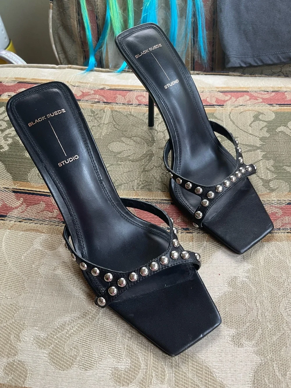 Black Suede Studio Dome Stud Leather Stiletto Slide Sandals.Size 39 Women N23-17